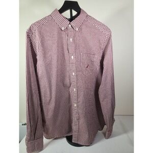 Nautica Red Check Men's Button Down Dress Shirt Sanded Poplin Size L 100% Cotton